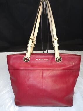 Michael Kors Bright Red Mid Size Tote Bag Purse Double Handles Zip Closure,